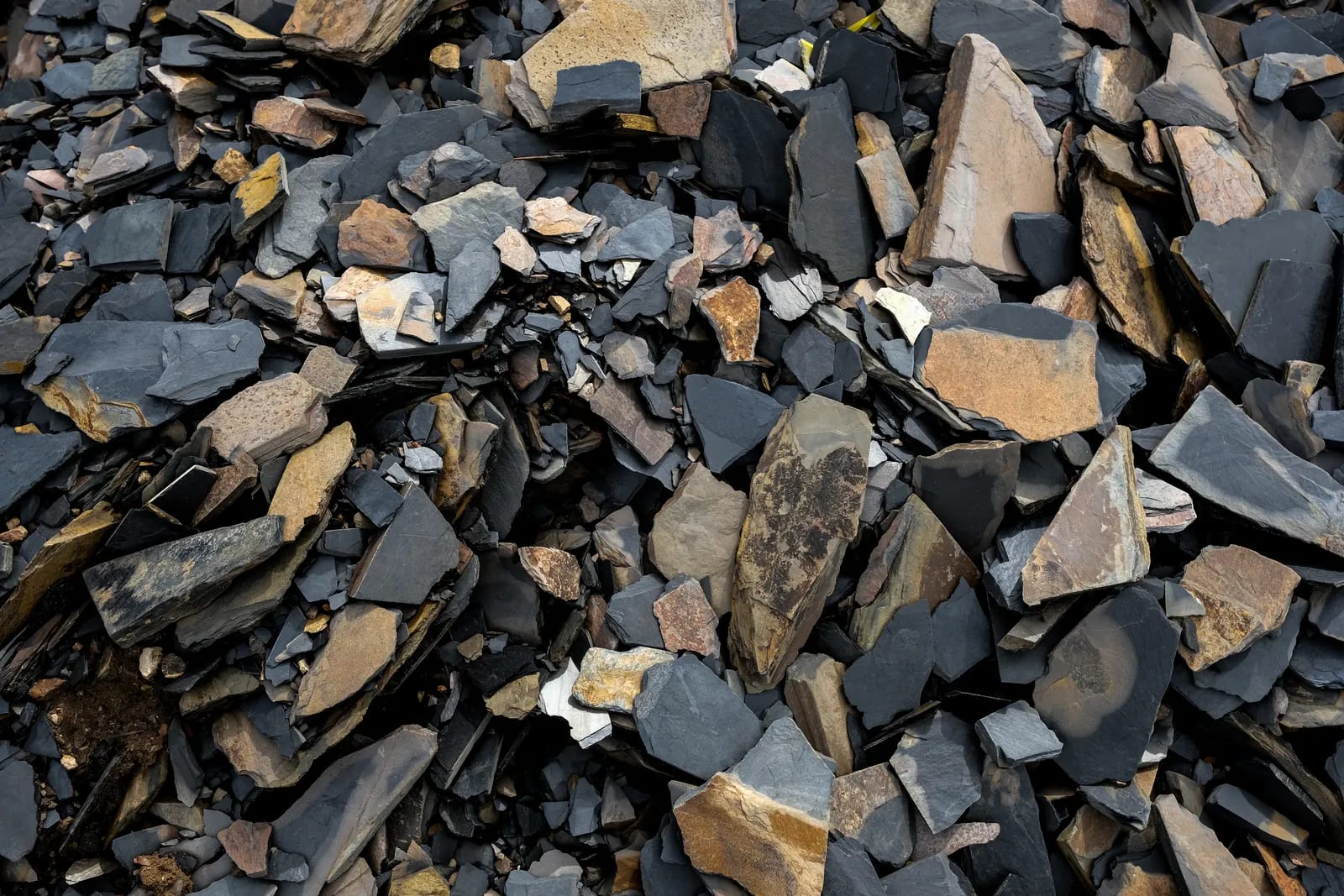 Montón de fragmentos de pizarra de tonos grises y ocres apilados unos sobre otros, vistos de cerca