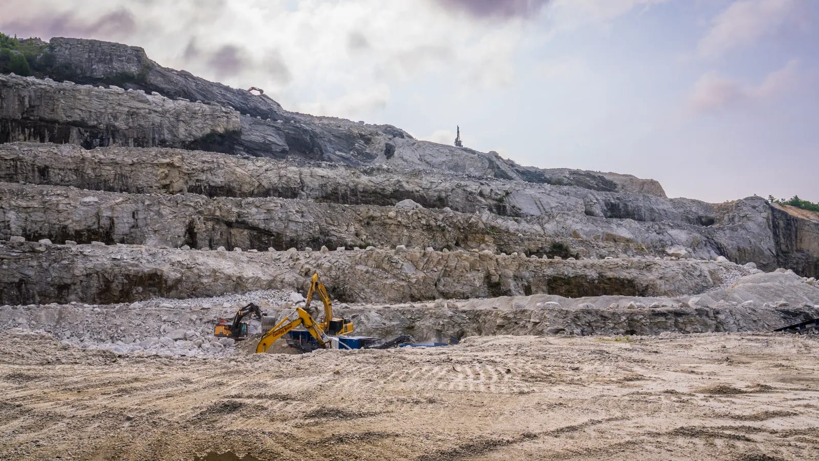 Cantera a cielo abierto con frentes de roca gris escalonados, dos excavadoras y una planta de machaqueo trabajando sobre piedra suelta, bajo un cielo nublado