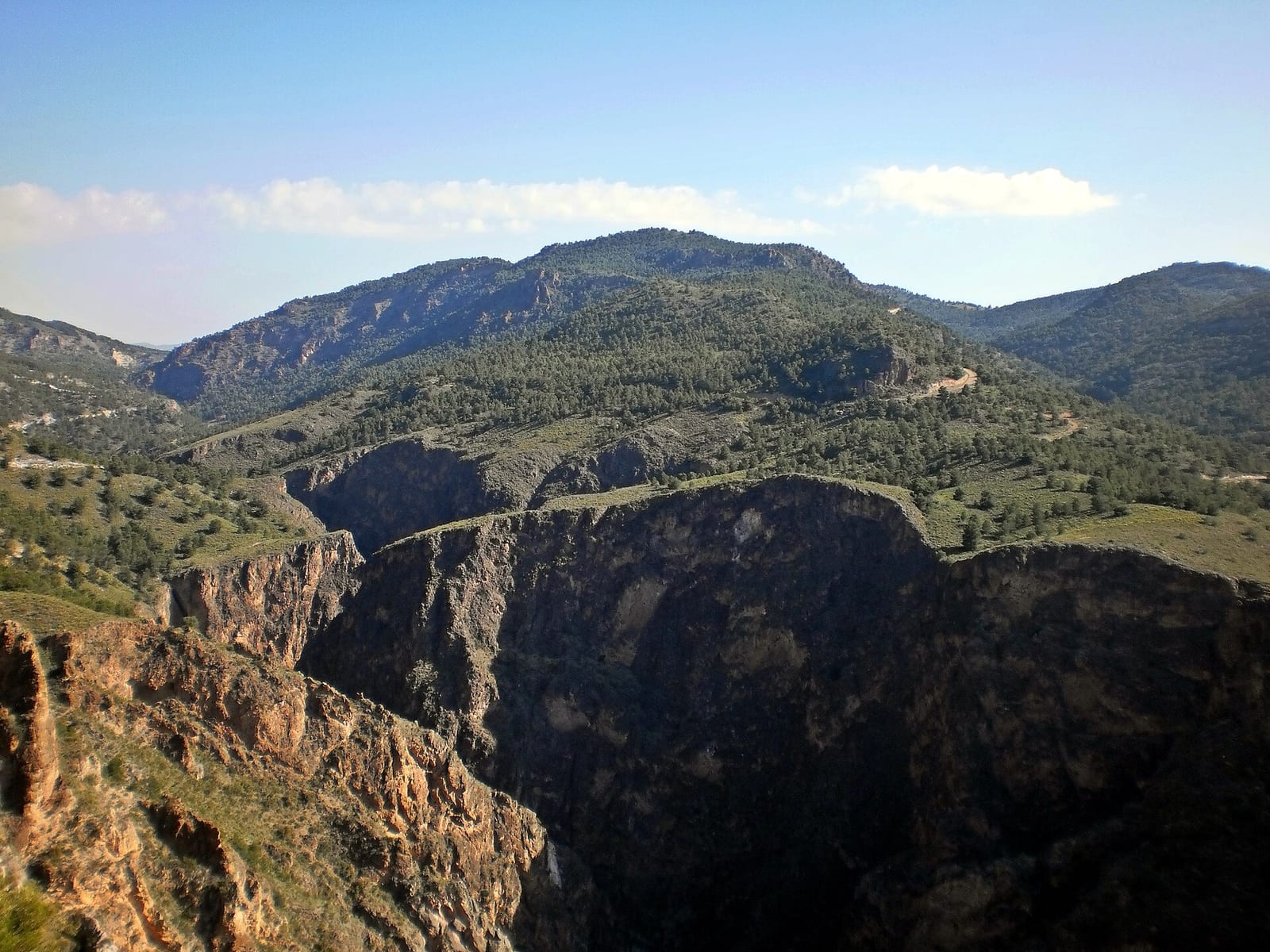 Barranco profundo entre montañas boscosas, con paredes de roca oscura y un cielo despejado con nubes dispersas